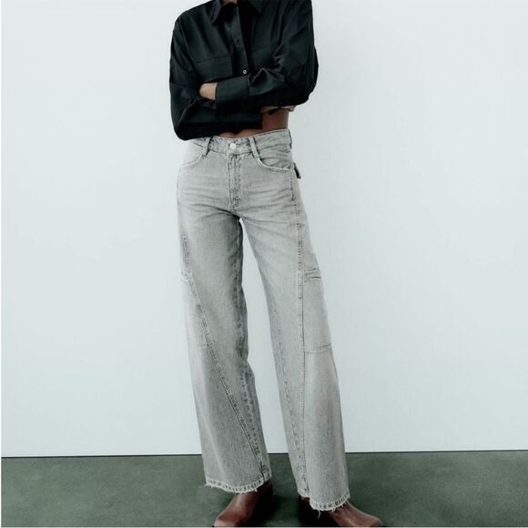 Zara Mid Rise Gray Wash TRF Cargo Wide Leg Jeans, Size 2 - Picture 1 of 15